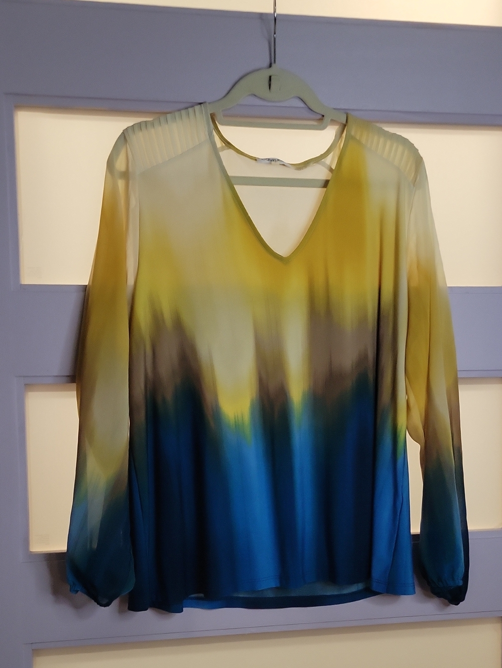Calvin Klein Yellow Tan Blue Ombre V-Neck Long Sleeve Blouse